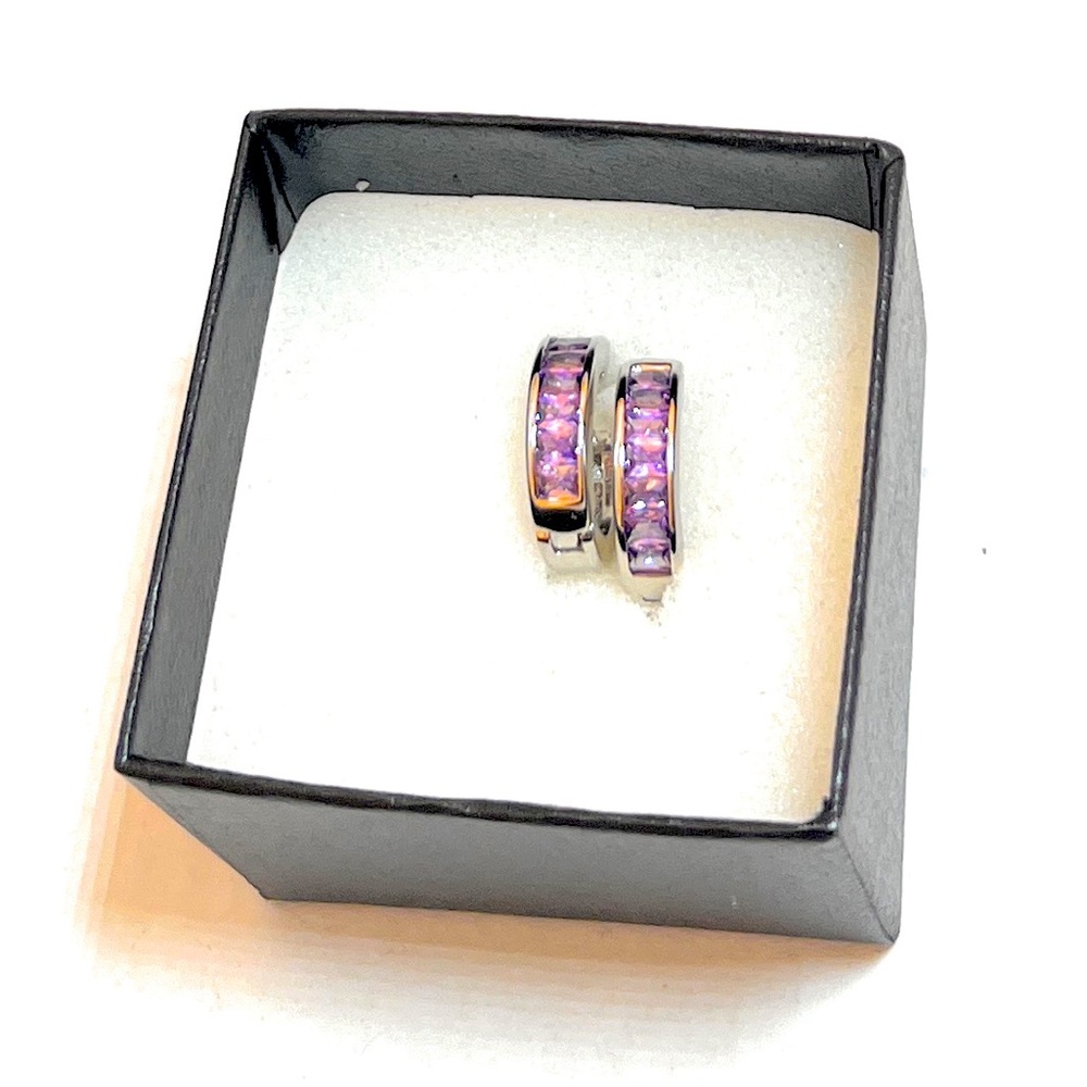 Ladies Beautiful Rhodium Plated CZ Enerald Cut Amethyst Hoop Earrings Grade AA.